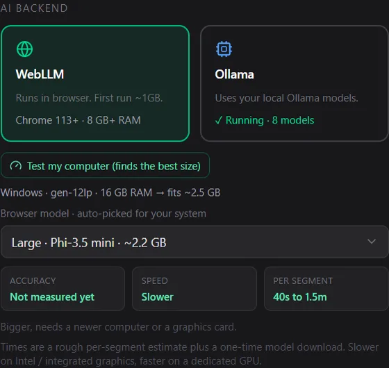 Step 3c. Which AI writes the guide: in the browser (WebLLM)